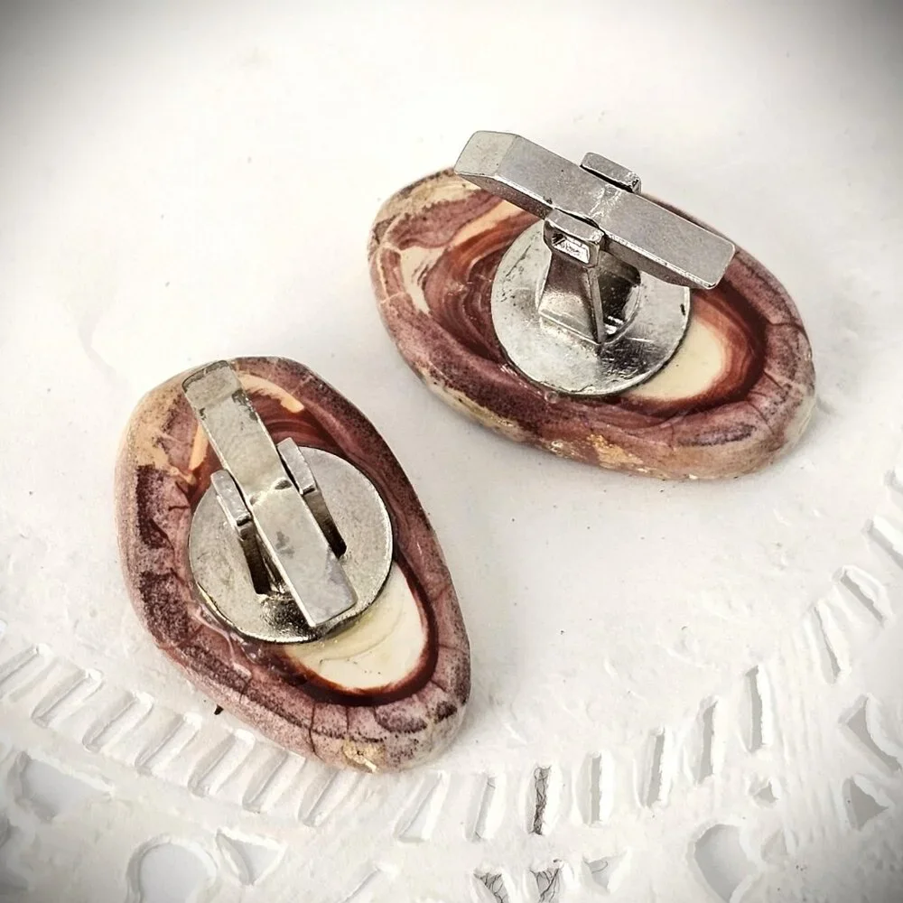 Vintage Petrified Wood Slice Polish Red White Stone Specimen Cufflinks 1.25